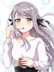 1girl alternate_costume bang_dream! eating food grey_hair highres long_hair minato_yukina nekoverse open_mouth shirt simple_background skirt solo spoon white_background white_shirt yellow_eyes