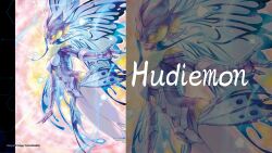 Rule 34 | 1girl, absurdres, armor, blue hair, breasts, butterfly hair ornament, character name, cowboy shot, digimon, digimon (creature), digimon card game, digimon story: cyber sleuth, digimon story: cyber sleuth - hacker&#039;s memory, hair ornament, head wings, helmet, highres, hudiemon, official art, open mouth, purple armor, purple helmet, small breasts, solo, wings