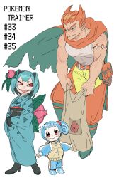 1boy 2girls :&gt; :d absurdres aqua_hair aqua_kimono armlet backpack bag blue_boots blue_hair blue_shorts blue_sleeves boots brown_bag cape chaps character_name charizard child dancho_no_mori fangs flower frown full_body gen_1_pokemon green_cape green_eyes hair_flower hair_horns hair_ornament hands_up highres holding holding_sack humanization ivysaur jacket japanese_clothes jewelry kimono long_sleeves looking_at_viewer looking_to_the_side multiple_girls muscular muscular_male nintendo numbered open_mouth orange_cape orange_hair orange_pants outstretched_arms pants personification pokemon pokemon_frlg red_eyes sack sash satchel short_eyebrows short_hair shorts side_ponytail simple_background smile spread_arms squirtle standing starter_pokemon_trio super_smash_bros. tank_top tooth_armlet torn_cape torn_clothes two-tone_cape v-shaped_eyebrows white_background white_tank_top yellow_pants zipper
