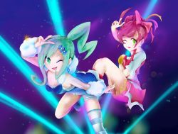 blue_hair chloe_(pokemon) earrings flatpancakesjim green_eyes highres jewelry jumping lisia_(pokemon) nintendo one_knee_up performance pokemon pokemon_oras pokemon_swsh red_hair ribbon skirt
