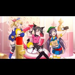 3girls ;d \m/ american_flag_bow arm_up ayase_eli belt black_hair black_shorts black_socks blonde_hair blue_dress blue_eyes blue_jacket blush bow camera chair character_doll character_request chest_of_drawers compact_(cosmetics) cosmetics cowboy_shot crossover demon_horns demon_tail doll double_\m/ dress feet_out_of_frame flower green_eyes green_hat grin hair_bow hand_up hands_up hat hello_kitty holding holding_camera horns hugging_doll hugging_object jacket jirai_kei kuromi leaf leaf_on_head lipstick long_hair long_sleeves looking_at_another looking_at_object love_live! love_live!_school_idol_project low_twintails makeup multiple_girls neck_ribbon nesoberi nico_nico_nii official_art on_chair one_eye_closed onegai_my_melody open_clothes open_jacket open_mouth over-kneehighs pigeon-toed pink_shirt pokopon_nikki ponytail puchiguru_love_live! purple_hair red_belt red_bow red_eyes ribbon rose sanrio shadow shirt short_sleeves shorts sitting skirt skull_and_crossbones smile socks striped_clothes tail tanuki teeth thighhighs tojo_nozomi twintails upper_teeth_only vertical-striped_clothes video_camera white_skirt yazawa_nico