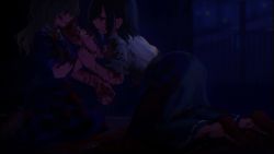 2girls akaiha_(akaihasugk) bleeding blonde_hair blood blood_on_clothes bloody_knife brown_hair chromatic_aberration commission cuts dark dress eye_contact from_side guro highres holding holding_knife indoors injury kneeling knife long_hair looking_at_another maribel_hearn medium_hair multiple_girls mutilation no_headwear no_headwear profile purple_dress skeb_commission sliced touhou usami_renko window