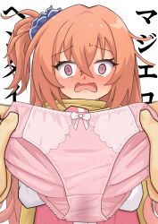 1boy 1girl @_@ blue_bow blue_scrunchie blush bow commentary_request constricted_pupils crossed_bangs embarrassed full-face_blush hair_between_eyes hair_ornament hair_scrunchie hands_up highres inaba_meguru jacket kasago_(wnfj2383) letterman_jacket long_hair long_sleeves looking_at_viewer one_side_up open_clothes open_jacket open_mouth orange_hair paid_reward_available pov red_eyes sanoba_witch scarf school_uniform scrunchie shirt simple_background sleeves_past_wrists solo_focus straight-on surprised sweatdrop tsurime upper_body v-shaped_eyebrows very_long_hair wavy_mouth white_background white_shirt wide-eyed yellow_scarf