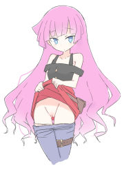 Rule 34 | 1girl, bare shoulders, belt, belt pouch, blouse, blue eyes, clothes lift, clothes pull, cropped legs, female focus, highres, kawasu, kawasu (kkaawwaass), kirishima romin, lifting own clothes, long hair, looking at viewer, panties, pants, pants pull, pants under skirt, panty pull, pink hair, pouch, pussy, shirt, simple background, skirt, skirt lift, sleeveless, sleeveless shirt, solo, standing, uncensored, underwear, very long hair, white background, yu-gi-oh!, yu-gi-oh! sevens