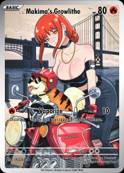 1girl alternate_costume armband black_armband black_choker black_pants black_tube_top breasts bridge chainsaw_man choker cleavage commentary earrings english_commentary english_text gen_1_pokemon gloves growlithe hair_bun helm helmet highres inigoiio jewelry large_breasts makima_(chainsaw_man) motor_vehicle motorcycle necklace nintendo ocean orange_eyes pants pokemon pokemon_(creature) pokemon_card pokemon_tcg red_gloves red_hair round_eyewear sidelocks simple_bird strapless sunglasses torn_clothes torn_pants tube_top water