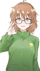 1girl :o ahoge araki_hina bent_v breasts glasses green_jacket highres idolmaster idolmaster_cinderella_girls jacket long_sleeves looking_at_viewer medium_breasts orange_hair simple_background solo track_jacket unu_(unucence) upper_body v w white_background