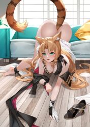 1girl all_fours animal_ear_fluff animal_ears arknights barefoot blonde_hair bottomless couch cushion d._joko gloves green_eyes hands_on_floor highres long_hair on_floor open_mouth shoes solo swire_(arknights) swire_the_elegant_wit_(arknights) tail teeth tiger_ears tiger_tail tongue unworn_shoes window