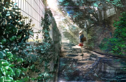 1girl absurdres advarcher amano_hina_(tenki_no_ko) artist_name bag bare_legs black_footwear blue_jacket blurry blurry_foreground brown_bag brown_hair building cityscape commentary day fence from_side highres hood hood_up hoodie ivy jacket jacket_over_hoodie lamppost leaf lens_flare light_particles long_hair long_sleeves nature outdoors own_hands_together plaid_clothes plaid_skirt plant praying real_world_location red_skirt reflection reflective_floor road scene_reference scenery school_bag school_uniform shadow shoulder_bag skirt solo standing street sun sunlight tenki_no_ko tokyo_(city) tree white_hoodie wide_shot