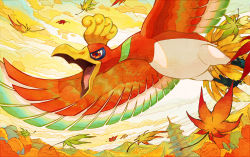 autumn_leaves building commentary_request day falling_leaves flying from_below gen_2_pokemon ho-oh leaf legendary_pokemon mountainous_horizon nintendo no_humans open_mouth outdoors pokemon pokemon_(creature) red_eyes solo talons tami_yagi tongue tower