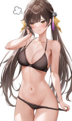 1girl absurdres alternate_costume averting_eyes bell black_panties bra_strap braid breasts brown_hair button_gap cleavage closed_mouth cowboy_shot hair_ribbon halterneck hand_up highres honkai:_star_rail honkai_(series) jingle_bell large_breasts long_hair long_sleeves looking_to_the_side lunacle navel paid_reward_available panties puff_of_air ribbon simple_background smile solo stomach sushang_(honkai:_star_rail) thigh_gap thighs twintails underwear underwear_only v-shaped_eyebrows very_long_hair white_background yellow_eyes