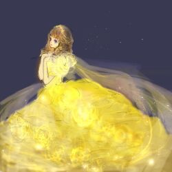 1girl bare_arms blue_background blunt_bangs brown_hair cape character_request commentary_request dress dress_flower earrings expressionless feet_out_of_frame flower gold_earrings gold_tiara gown hands_on_own_chest highres jewelry light_particles long_dress long_hair looking_ahead miracle_nikki nekoneko_gon nikki_(series) parted_lips puffy_short_sleeves puffy_sleeves purple_eyes ringlets rose short_sleeves simple_background solo standing yellow_cape yellow_dress yellow_flower yellow_rose
