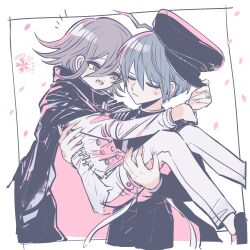 Rule 34 | 2boys, ahoge, black cape, black hat, black jacket, blue hair, blush, borrowed clothes, buttons, cape, carrying, cherry blossoms, closed eyes, commentary request, danganronpa (series), danganronpa v3: killing harmony, flipped hair, hair between eyes, happy, hat, highres, jacket, long sleeves, male focus, medium hair, multiple boys, oma kokichi, open mouth, pale color, pale skin, pants, peaked cap, pink petals, princess carry, purple eyes, purple hair, saihara shuichi, short hair, simple background, smile, sweatdrop, thigh strap, tomoro (tomoronp), white background, white pants, yaoi