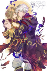 1boy 1girl absurdres alternate_costume black_robe blonde_hair blue_eyes breasts cleavage closed_mouth commentary commission english_commentary female_kiran_(fire_emblem) fire_emblem fire_emblem_awakening fire_emblem_heroes from_behind from_side grima_(fire_emblem) hetero highres holding_hands hooded_robe interlocked_fingers kiran_(fire_emblem) ladyverdigris long_sleeves looking_at_another male_robin_(fire_emblem) medium_breasts nintendo pants robe short_hair signature simple_background smile standing watermark white_background white_hair white_pants
