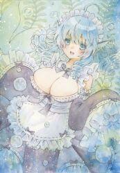 1girl air_bubble alternate_costume apron black_bow black_bowtie black_dress blue_eyes blue_hair blush bow bowtie breasts bubble cleavage cleavage_cutout clothing_cutout commentary dress drill_hair drill_sidelocks enmaided fins head_fins highres large_breasts lily_k_oekaki long_hair long_sleeves looking_at_viewer maid maid_headdress mermaid monster_girl open_mouth painting_(medium) plant sidelocks sleeves_past_fingers sleeves_past_wrists smile solo touhou traditional_media underwater wakasagihime watercolor_(medium) white_apron wide_sleeves