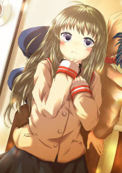 Rule 34 | 00s, 1boy, 1girl, blue hair, brown hair, clannad, from above, ibuki fuuko, lap pillow, long hair, lying, miyazawa yukine, mni, okazaki tomoya, purple eyes, school uniform, short hair