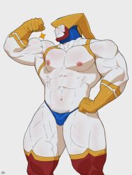 Rule 34 | 1boy, abs, bara, biceps, bikini briefs, bodysuit, bulge, cowboy shot, cwaffle26, flexing, large pectorals, looking to the side, male focus, male underwear, navel, nipples, original, pectorals, profile, red thighhighs, sanpaku, solo, sparkle, standing, stomach, thick thighs, thighhighs, thighs, topless male, underwear