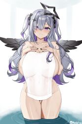 1girl :3 absurdres amane_kanata angel_wings breasts curvy grey_hair halo handplug hands_on_own_chest highres hololive large_breasts naked_towel navel nude onsen partially_submerged solo towel virtual_youtuber wings
