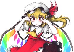1girl arms_up ascot blonde_hair bright_pupils crystal crystal_wings double_inward_v double_v dress flandre_scarlet frilled_dress frilled_skirt frilled_sleeves frills furrowed_brow hair_between_eyes hat hat_ribbon herushiart highres light_blush mob_cap multicolored_wings open_mouth pointy_ears puffy_short_sleeves puffy_sleeves red_eyes red_ribbon red_skirt red_vest ribbon ribbon-trimmed_headwear ribbon_trim short_hair short_sleeves side_ponytail simple_background skirt solo standing touhou v v-shaped_eyebrows v_over_eye vest white_background white_hat wings yellow_ascot