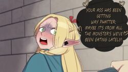 1boy 1girl ? ?? animated ass audible_speech blonde_hair breasts butt_crack clothes clothes_grab comic_dub dubbed_comic dungeon_meshi eating embarrassed english_audio english_text fat fat_woman female_focus green_eyes huge_ass long_hair marcille_donato medium_breasts merurava open_clothes open_mouth pointy_ears scared sitting slideshow_animation sound speech_bubble sweat tagme thought_bubble video yamathegod