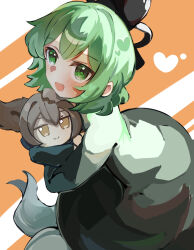 1girl :d absurdres black_hat blush brown_eyes brown_hair character_doll commentary_request doll dress fumo_(doll) ghost_tail green_dress green_eyes green_hair hair_ears hat heart highres holding holding_stuffed_toy kokurochi medium_hair open_mouth orange_background smile soga_no_tojiko solo striped_background stuffed_toy tate_eboshi touhou toyosatomimi_no_miko