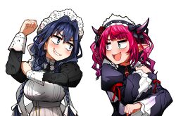 2girls black_bow blue_eyes blue_hair blush bow braid breasts clenched_hand commentary ddolbang english_commentary fangs flower frilled_sleeves frills grin hair_between_eyes hair_flower hair_intakes hair_ornament hair_over_shoulder hand_on_own_arm heterochromia highres hololive hololive_english horn_bow horn_ornament horns irys_(hololive) irys_(maid)_(hololive) juliet_sleeves large_breasts long_hair long_pointy_ears long_sleeves looking_at_another looking_to_the_side maid maid_headdress multicolored_hair multiple_girls official_alternate_costume ouro_kronii ouro_kronii_(maid) pink_eyes pink_hair pointy_ears puffy_sleeves red_hair simple_background single_hair_streak smile streaked_hair teeth twin_braids two-tone_hair upper_body virtual_youtuber white_background wide_sleeves