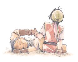 2boys antenna_hair arm_behind_head black_hair blonde_hair blue_tunic brown_gloves brown_pants facing_away fist_bump gensou_suikoden gensou_suikoden_i gloves gold_trim green_background male_focus michibata_65 multiple_boys pants reclining red_tunic shirt short_hair sitting ted_(suikoden) tir_mcdohl torn_clothes torn_sleeves tunic white_background white_shirt