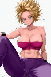 Rule 34 | 1girl, ?, abs, absurdres, areola slip, artist name, breasts, caulifla, cleavage, collarbone, dragon ball, dragon ball super, green eyes, highres, kalennoir, large breasts, looking at viewer, midriff, muscular, muscular female, navel, pants, pink tube top, purple pants, saiyan, solo, spiked hair, strapless, super saiyan, tube top, wristband