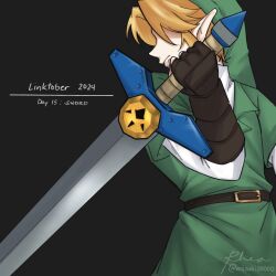 Rule 34 | 1boy, 2024, belt, biggoron sword, black background, blonde hair, facing viewer, hat, hidden eyes, highres, holding, holding sword, holding weapon, link, looking to the side, nintendo, pointy ears, rh mizuki, solo, sword, the legend of zelda, the legend of zelda: ocarina of time, tunic, upper body, weapon