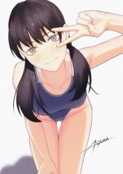 1girl artist_name black_hair blue_one-piece_swimsuit breasts chainsaw_man closed_mouth grey_eyes highleg highleg_one-piece_swimsuit highres illust_aqua light_blush light_smile long_hair looking_at_viewer low_twintails mitaka_asa one-piece_swimsuit school_swimsuit small_breasts solo swimsuit twintails v white_background