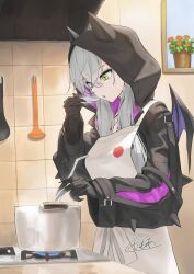 1girl apron breasts cooking fate/grand_order fate_(series) green_eyes highres hood hoodie kamo_ashi kitchen ladle lilith_(fate) lilith_(first_ascension)_(fate) plant potted_plant signature solo stove twintails white_apron white_hair wings