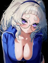 1girl black_background black_shorts blue_jacket blunt_bangs breasts cleavage commentary dolphin_shorts glasses highres jacket large_breasts leaning_forward looking_at_viewer meg_(wakamepiza) original purple_eyes round_eyewear semi-rimless_eyewear shiny_skin short_bangs short_eyebrows short_shorts shorts simple_background solo symbol-only_commentary thick_eyebrows upper_body wakamepiza white_hair