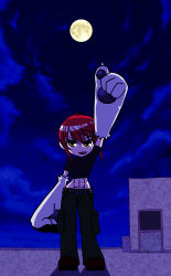 1girl abs animal_ears animal_hands arm_up belt cargo_pants cloud crop_top fang female_focus full_moon handsome_wataru kaibutsu_oujo midriff moon muscular navel night night_sky outstretched_arm pants pointing pointing_up red_hair riza_wildman rooftop short_hair sky smile solo standing yellow_eyes