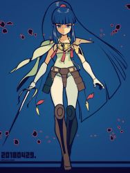 Rule 34 | 1girl, armor, blue eyes, blue hair, dated, expressionless, faulds, full body, greaves, hime cut, holding, holding sword, holding weapon, kayura, leg armor, long hair, looking at viewer, petals, ponytail, ronin warriors, sasaki tomomi, sidelocks, solo, sword, tassel, very long hair, weapon, yoroiden samurai troopers