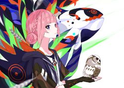 Rule 34 | 1girl, abstract background, absurdres, animal, bird, blue capelet, blue eyes, braid, braided bun, brown capelet, brown gloves, capelet, closed mouth, commentary, creature, fingerless gloves, gloves, hair bun, highres, holding, holding animal, hood, hood down, hooded capelet, kaf (kamitsubaki studio), kamitsubaki studio, laplace (kamitsubaki studio), looking to the side, multicolored eyes, official art, owl, own hands together, palow, pink hair, pom pom (clothes), red eyes, short hair, short sleeves, upper body, virtual youtuber, white background, yellow pupils