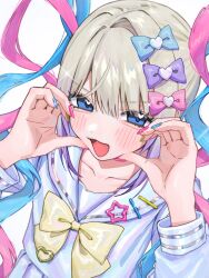 Rule 34 | 1girl, :d, blonde hair, blue bow, blue eyes, blue hair, blue nails, blue serafuku, blue shirt, blue skirt, blush, bow, bowtie, chouzetsusaikawa tenshi-chan, hair bow, hamafugu, highres, long hair, multicolored nails, multiple hair bows, nail polish, needy girl overdose, open mouth, pink bow, pink hair, pink nails, purple bow, quad tails, school uniform, second-party source, serafuku, shirt, simple background, skirt, smile, solo, very long hair, white background, yellow bow, yellow bowtie, yellow nails