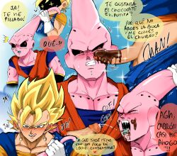 2boys after_fellatio blonde_hair blush chocolate chocolate_on_body chocolate_on_penis closed_eyes clothes_pull crying cum cum_in_mouth dragon_ball dragonball_z earrings erection food food_on_body food_on_face gloves heart heart-shaped_pupils imminent_fellatio jewelry large_pectorals looking_at_penis majin_buu multiple_boys muscular muscular_male open_mouth pants pants_pull pectorals penis penis_awe potara_earrings saliva sinnia spanish_text super_buu super_saiyan symbol-shaped_pupils tongue tongue_out uncensored vegetto veins veiny_penis yaoi