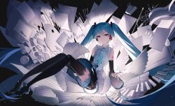 Rule 34 | 1girl, adapted costume, aqua necktie, aqua trim, arm tattoo, bare shoulders, black boots, black sleeves, blue hair, boots, bow (music), closed mouth, colored shoe soles, detached sleeves, drawing tablet, frilled shirt collar, frilled skirt, frills, full body, hair ornament, hatsune miku, hatsune miku happy 16th birthday -dear creators-, headset, highres, instrument, light particles, long hair, long sleeves, looking at viewer, miku day, necktie, number-only commentary, number tattoo, paint palette, paintbrush, paper, piano keys, pleated skirt, scissors, shirt, sketchbook, skirt, sleeveless, sleeveless shirt, smile, solo, tattoo, thigh boots, tlseone, twintails, very long hair, violin, vocaloid, white shirt, wide sleeves, yarn, yarn ball
