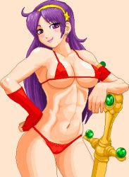 1girl athena_(series) bikini breasts cameltoe cleavage covered_erect_nipples female_focus hand_on_own_hip large_breasts lipstick looking_at_viewer makeup navel pink_lips pixel_art princess_athena purple_eyes purple_hair red_bikini seductive_smile simple_background smile snk solo swimsuit sword thick_thighs thighs toned upper_body warner weapon