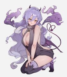 1girl :q absurdres acalyss_(chontz) backless_outfit blush breasts brown_eyes cleavage cleavage_cutout clothing_cutout commission demon_girl demon_horns demon_tail demon_wings fingernails full_body grey_background hair_between_eyes heterochromia highres horns kneeling large_breasts long_hair_between_eyes looking_at_viewer naked_sweater no_shoes original pointy_ears purple_hair purple_thighhighs sharp_fingernails simple_background skeb_commission solo sooon sweater tail thighhighs tongue tongue_out turtleneck turtleneck_sweater virgin_killer_sweater wings