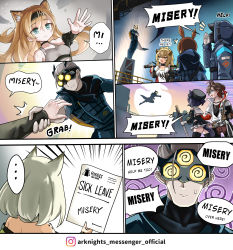 1other 2boys 5girls ambiguous_gender amiya_(arknights) animal_ears arknights cat_boy cat_ears cat_girl character_name demon_horns dizzy doctor_(arknights) english_text goggles highres hm_(hmongt) horn_(arknights) horns kal&#039;tsit_(arknights) left-to-right_manga misery_(arknights) motion_lines multiple_boys multiple_girls rabbit_ears rabbit_girl rhodes_island_logo_(arknights) right-to-left_comic rockrock_(arknights) speed_lines stainless_(arknights) sweatdrop tactical_clothes wolf_ears wolf_girl