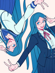 1girl blue_eyes blue_hair blue_jacket blue_sailor_collar blue_skirt collared_shirt danganronpa_(series) danganronpa_v3:_killing_harmony dual_persona eyelashes glasses highres jacket long_hair long_sleeves neck_ribbon official_alternate_costume open_clothes open_jacket open_mouth phantomorrow red_ribbon ribbon sailor_collar school_uniform serafuku shirogane_tsumugi shirt simple_background skirt smile upside-down uto v w white_background