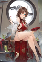 1girl alcohol bare_legs blue_eyes blush breasts brown_hair china_dress chinese_clothes closed_mouth commentary_request crossed_legs cup detached_sleeves dress drinking_glass egasumi finger_heart hair_between_eyes hair_ornament hairclip high_heels holding holding_cup horns hu_kotora indoors large_breasts legs long_hair long_sleeves looking_at_viewer low_wings nail_polish original pointy_ears red_dress red_nails red_shoes round_window sakazuki shoes sideboob sitting sleeveless sleeveless_dress smile solo thighs very_long_hair white_sleeves white_wings wide_sleeves window wings