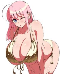 Rule 34 | 1girl, ahoge, alternate hair color, bent over, bikini, blue eyes, breasts, cleavage, collarbone, female focus, highres, huge ahoge, huge breasts, komusou (jinrikisha), long hair, looking at viewer, one eye closed, ooba minori, original, pink hair, side-tie bikini bottom, simple background, solo, standing, swimsuit, white background, wink, yellow bikini