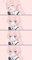 1girl ^^^ absurdres ahoge aqua_necktie black_gloves blue_archive blue_eyes blush closed_eyes commentary_request fingerless_gloves gloves heterochromia highres hoshino_(blue_archive) long_hair looking_at_viewer mistel_(sukebemistel) necktie open_mouth pink_background pink_hair shirt tears upper_body white_shirt yawning yellow_eyes