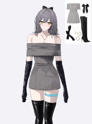 1girl absurdres alternate_costume bare_shoulders black_boots black_bow black_gloves boots bow closed_mouth cropped dress earrings elbow_gloves feint721 full_body gloves grey_dress grey_hair hair_bow highres honkai:_star_rail honkai_(series) hoop_earrings jewelry light_blush long_hair looking_at_viewer necklace off-shoulder_dress off_shoulder solo stelle_(honkai:_star_rail) thigh_boots thigh_strap trailblazer_(honkai:_star_rail) yellow_eyes