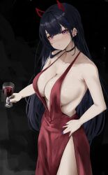 1girl absurdres akuma_nihmune black_choker black_hair breasts choker crpx015 cup demon_horns dress drinking_glass ear_piercing earrings fake_horns hand_on_own_hip highres horns indie_virtual_youtuber jewelry large_breasts long_hair looking_at_viewer no_bra piercing plunging_neckline purple_eyes purple_nails red_dress side_slit solo virtual_youtuber wine_glass