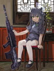 1girl animal_ears black_dress black_shoes blue_archive blush bullpup chair china_dress chinese_clothes closed_mouth commentary dress green_eyes gun halo highres holding holding_gun holding_weapon indoors kuro4221 long_hair looking_at_viewer on_chair plant qbu-88 rifle shoes short_sleeves shun_(blue_archive) shun_(small)_(blue_archive) sitting sniper_rifle solo thighhighs vase weapon white_thighhighs