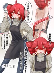 1girl ahoge apron arm_tattoo black_apron blush denim drill_hair fang grey_sweater hair_between_eyes highres holding holding_ladle jeans karasu2020_8 kasane_teto ladle long_hair naked_apron number_tattoo open_mouth pants red_eyes red_hair sidelocks sigh solo sweatdrop sweater tattoo turtleneck turtleneck_sweater twin_drills utau