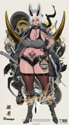1girl absurdres animal_ears b.sa_(bbbs) barcode black_jacket boots braid breasts brown_thighhighs chain cleavage collar fingerless_gloves full_body gloves hair_between_eyes hand_on_own_hip high_heel_boots high_heels highres holding holding_sword holding_weapon horns huge_breasts jacket jacket_on_shoulders katana large_breasts looking_at_viewer midriff navel original pubic_tattoo rabbit_ears short_shorts shorts solo sword tattoo thick_thighs thighhighs thighs weapon white_hair yellow_eyes