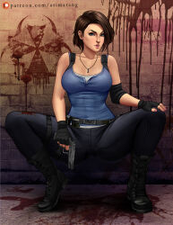 1girl arimatang artist_name black_gloves blood blood_on_wall blue_eyes blue_pants blue_shirt brown_hair fingerless_gloves gloves gun handgun highres holding holding_gun holding_weapon jewelry jill_valentine necklace pants patreon_username resident_evil resident_evil_3:_nemesis resident_evil_3_(remake) shirt squatting variant_set weapon